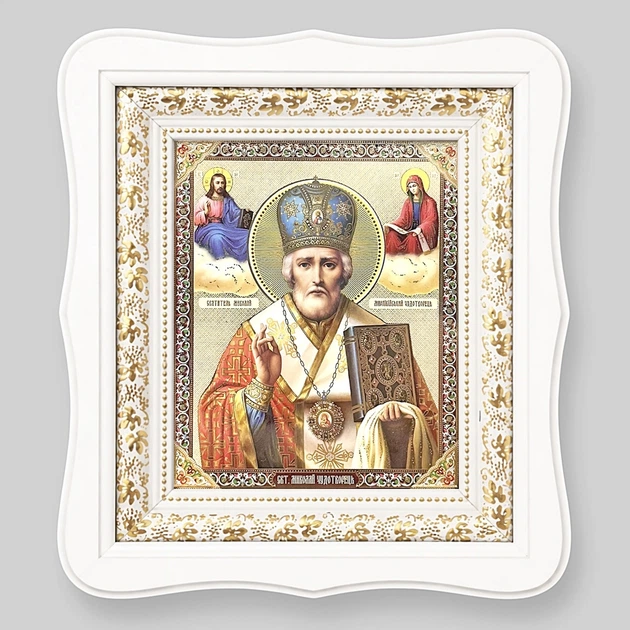 Икона Николай Чудотворец святой, лик 15х18 см, в белом фигурном деревянном киоте, тип 3, 11145 - Фото 1 Икона Николай Чудотворец святой, лик 15х18 см, в белом фигурном деревянном киоте, тип 3, 11145 - изображение 1