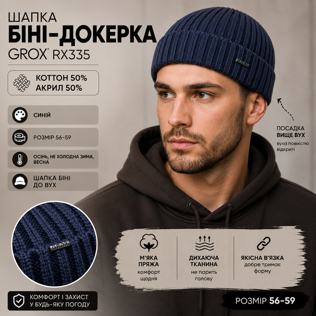Шапка мужская GROX RX-335 бини-докерка синяя, 50% хлопок 50% акрил, 56–59 см - изображение 3