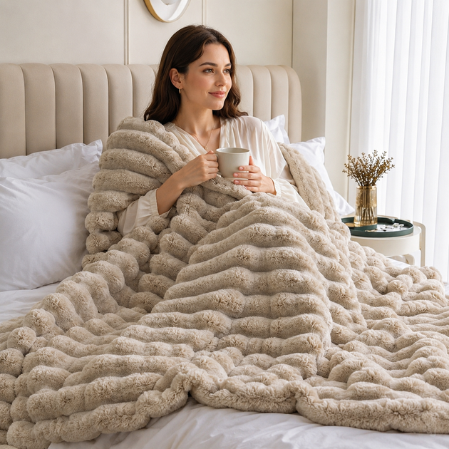 Мягкий двусторонний плюшевый меховой плед 150×200 см, 800 г, бежевый KT9001014 - изображение 7