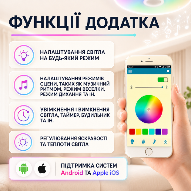 Люстра светодиодная потолочная RGB с Bluetooth колонкой потолочная светодиодная лампа с пультом с RGB подсветкой и динамиком смарт люстра с будильником светомузыкой лампа с колонкой 60W Kayfovo LA - 83 - изображение 4