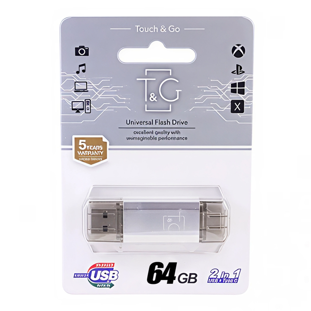 USB флешка T&G 64GB USB 3.0 и Type-C серебристая высокая скорость передачи данных - изображение 2