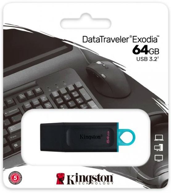 USB флешка Kingston DT Exodia 64GB USB 3.2 Gen 1 черный бирюзовый компактная с защитой разъема - изображение 6