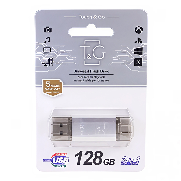 USB флешка 3.0 T&G 128GB Type-C с высокой скоростью передачи данных и защитой от пыли серебро - изображение 2
