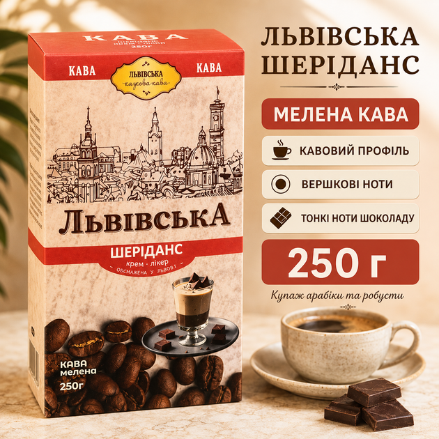 Кава CaffeeFan Львівська Шеріданс мелена 250 г ароматизована арабіка робуста вершкова шоколадна кавова композиція з нотами лікеру ароматна кава для дому - Фото 1 Кава CaffeeFan Львівська Шеріданс мелена 250 г ароматизована арабіка робуста вершкова шоколадна кавова композиція з нотами лікеру ароматна кава для дому - зображення 1
