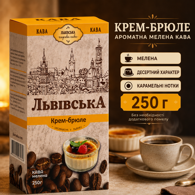 Кава Львівська казкова кава Крем брюле мелена 250 г ароматна десертна кава вершкова карамельна смакова композиція запашний кавовий напій для дому заварювання - Фото 1 Кава Львівська казкова кава Крем брюле мелена 250 г ароматна десертна кава вершкова карамельна смакова композиція запашний кавовий напій для дому заварювання - зображення 1