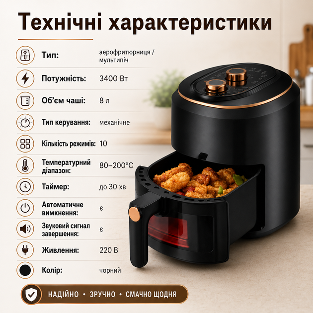 Аэрогриль 8 л, электрическая фритюрница, мультипечь с таймером, запекание и жарка продуктов, механическое управление - изображение 4