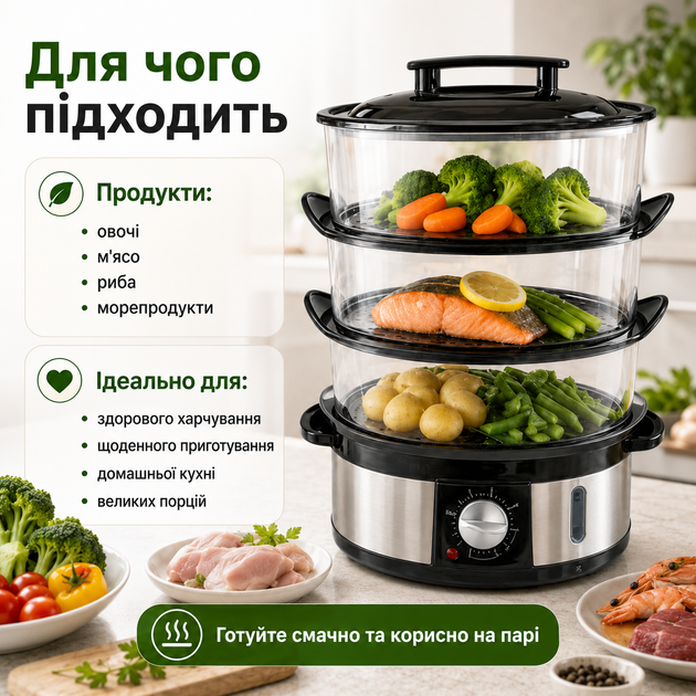 Электрическая пароварка 3 яруса 12 литров 2000 Вт мантоварка для овощей мяса рыбы с таймером - изображение 5