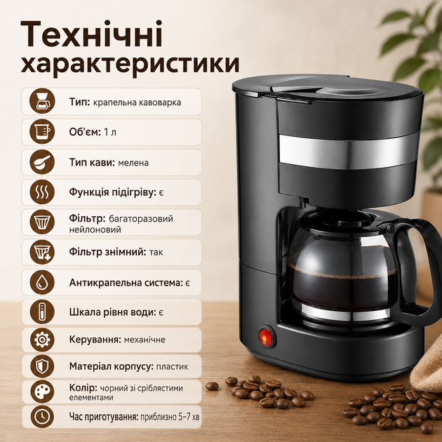 Електрична кавоварка фільтраційна 1 л, нагрівальна платформа, знімний нейлоновий фільтр, прозорий резервуар, механічне керування - Фото 3 Електрична кавоварка фільтраційна 1 л, нагрівальна платформа, знімний нейлоновий фільтр, прозорий резервуар, механічне керування - зображення 3