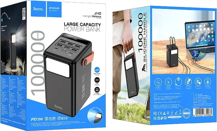 Внешний аккумулятор (Power Bank) Hoco J142 (PD20W + QC22.5W + LED Light) 100000mAh Black (38982) - Фото 6 Внешний аккумулятор (Power Bank) Hoco J142 (PD20W + QC22.5W + LED Light) 100000mAh Black (38982) - изображение 6