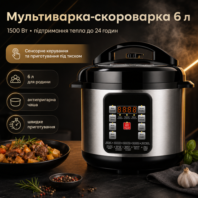 Мультиварка-скороварка 6 л, рисоварка с цифровым дисплеем и функцией поддержания тепла - изображение 6