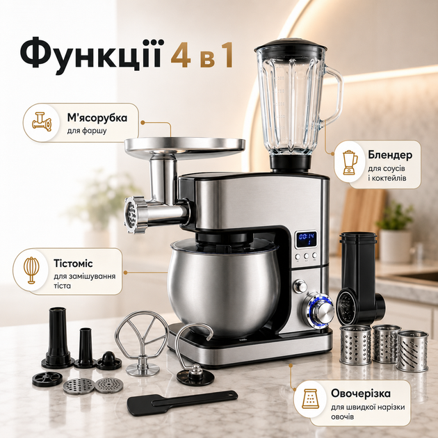 Комбайн кухонный универсальный 4500 Вт с чашей 7 литров миксер мясорубка блендер для дома - изображение 4