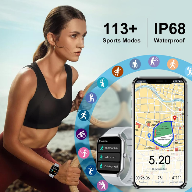Смарт-годинник Jugeman P99 для чоловіків та жінок, Bluetooth 5.3, дзвінки, 113+ спортивних режимів, 1,96", IP68, сірий - зображення 4