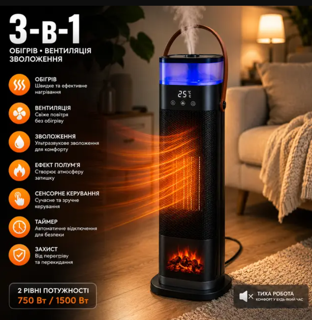 Тепловентилятор-обогреватель Portable Fan Heater HQN218-28QD с увлажнителем воздуха, керамическим нагревательным элементом, 2 режимами мощности 750–1500 Вт и автоматической защитой от перегрева и опрокидывания - изображение 3