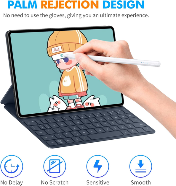 Стилус для iPad Tomorsi, Palm Rejection, швидка зарядка, точне письмо, Apple iPad Pro/Air/iPad/Mini 2018–2023, білий - зображення 5