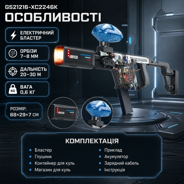 Бластер на орбизах электрический 7-8 мм автомат игрушечный для стрельбы 20-30 м аккумуляторный гелевый Трансформер с прикладом 14+ - изображение 2