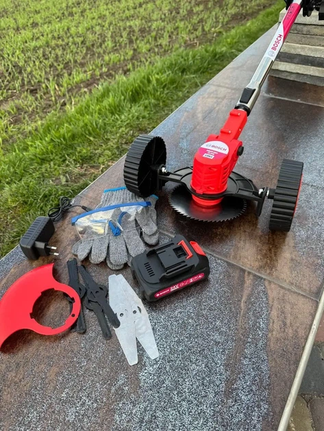 Газонокосарка акумуляторна BOSCH EASY 23-045 24 В 6 А·год з колесами тример для трави 800 Вт електрокоса 8000 об хв садова косарка телескопічна 92-122 см ніж бездротовий інструмент для газону бур'янів саду дачі з 2 АКБ диском ножами - зображення 5