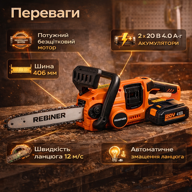 Ланцюгова пила акумуляторна REBINER RCSA-42/2/20Li - зображення 3