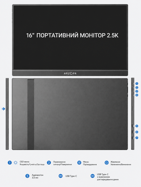 Портативный ультратонкий монитор ARZOPA Z1RC 16″ 2.5K 123% IPS Дополнительный экран Наружный монитор - изображение 5