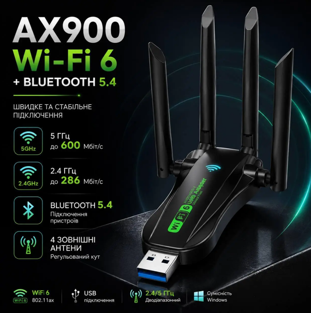 USB Wi-Fi адаптер AX900 Wi-Fi 6 2.4/5 ГГц з Bluetooth 5.4 та 4 антенами, бездротовий мережевий адаптер для ПК - Фото 1 USB Wi-Fi адаптер AX900 Wi-Fi 6 2.4/5 ГГц з Bluetooth 5.4 та 4 антенами, бездротовий мережевий адаптер для ПК - зображення 1