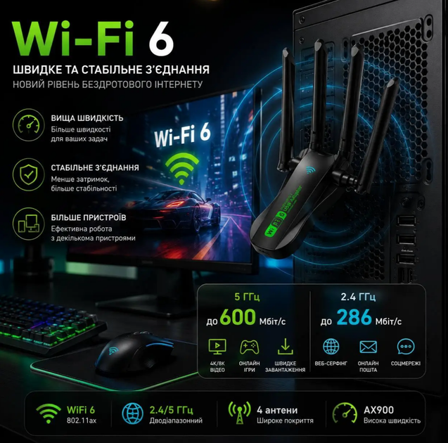 USB Wi-Fi адаптер AX900 Wi-Fi 6 2.4/5 ГГц з Bluetooth 5.4 та 4 антенами, бездротовий мережевий адаптер для ПК - Фото 7 USB Wi-Fi адаптер AX900 Wi-Fi 6 2.4/5 ГГц з Bluetooth 5.4 та 4 антенами, бездротовий мережевий адаптер для ПК - зображення 7