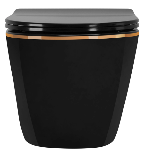 Подвесной унитаз Rea Carlo Mini Tornado Flat безободковый 49x36 см black с кромкой gold REA-C4695 - изображение 3