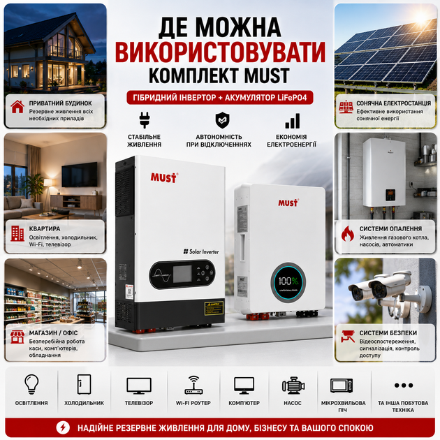 Гібридний інвертор MUST PV18-4024ECO 4 кВт + акумулятор MUST LiFePO4 LP16-24200 5.12 кВт·год - зображення 5