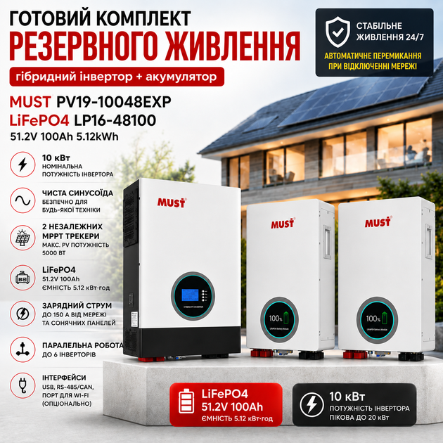 Гібридний інвертор MUST PV19-10048EXP 10 кВт з 2 LiFePO4 акумуляторами 5,12 кВт·год - зображення 6