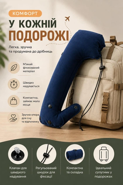 Подушка для шиї дорожня надувна, компактна подушка для подорожей та тривалих поїздок Синя - Фото 2 Подушка для шиї дорожня надувна, компактна подушка для подорожей та тривалих поїздок Синя - зображення 2