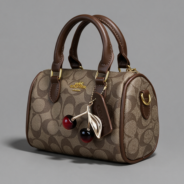 Женская коричневая сумка Coach Rowan Satchel с монограммой и брелоком-вишней, сумка Коач через плечо Коач ART161 - Фото 1 Женская коричневая сумка Coach Rowan Satchel с монограммой и брелоком-вишней, сумка Коач через плечо Коач ART161 - изображение 1