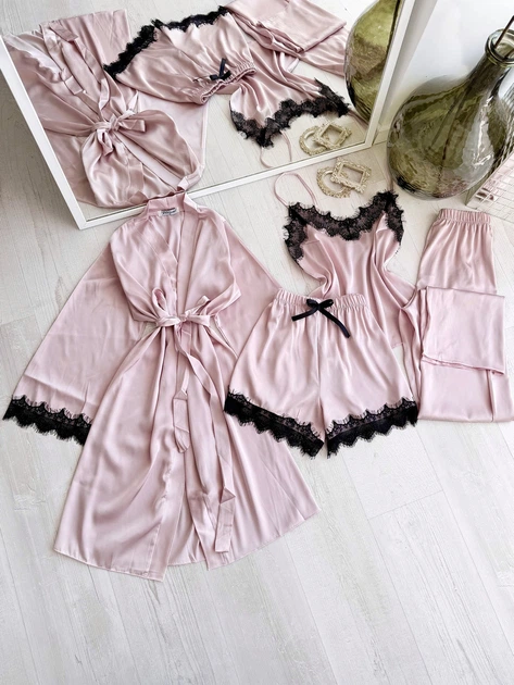 Женский комплект четверка халат майка шорты штаны Eleanor Collection M Пудровый - Фото 1 Женский комплект четверка халат майка шорты штаны Eleanor Collection M Пудровый - изображение 1