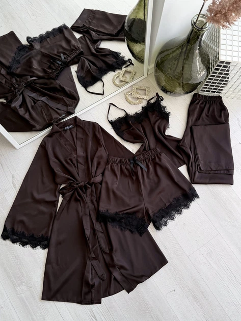 Женский комплект четверка халат майка шорты штаны Eleanor Collection M Коричневый - Фото 1 Женский комплект четверка халат майка шорты штаны Eleanor Collection M Коричневый - изображение 1