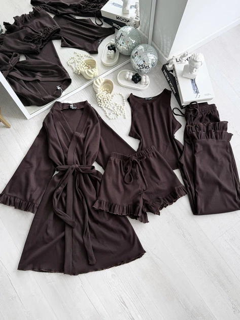 Жіночий комплект: халат, майка, шорти та штани Florance Коричневий, L/XL - Фото 1 Жіночий комплект: халат, майка, шорти та штани Florance Коричневий, L/XL - зображення 1