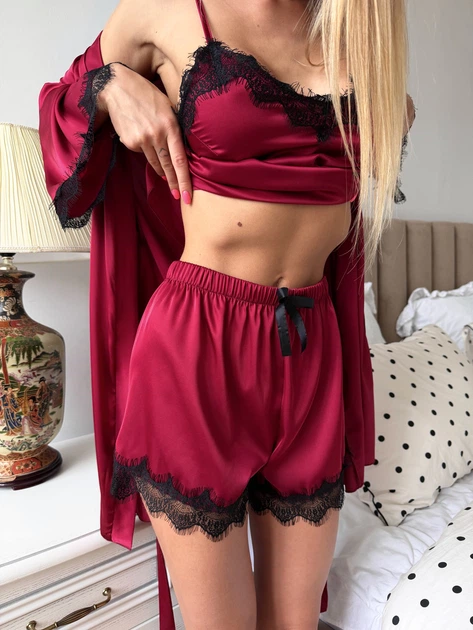 Жіночий комплект четвірка халат майка шорти штани Eleanor Collection M Бордовий - Фото 6 Жіночий комплект четвірка халат майка шорти штани Eleanor Collection M Бордовий - зображення 6