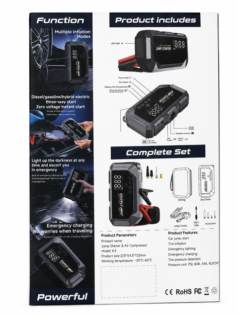 Пусковое устройство 3 в 1 для автомобиля 600 А, 9000 мА·ч - Jump Starter с компрессором, Power Bank и фонариком, 12 В - изображение 11