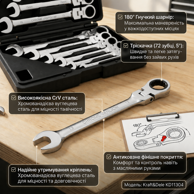 Набор рожково-накидных ключей комбинированных с трещоткой Kraft&Dele KD11304 инструменты для гаража автосервиса мастерские монтажных слесарных работ автомобильный комплект гаечных ключей 12 шт размер 8-19 мм хромированная углеродистая сталь CrV кейс - Фото 14 Набор рожково-накидных ключей комбинированных с трещоткой Kraft&Dele KD11304 инструменты для гаража автосервиса мастерские монтажных слесарных работ автомобильный комплект гаечных ключей 12 шт размер 8-19 мм хромированная углеродистая сталь CrV кейс - изображение 14