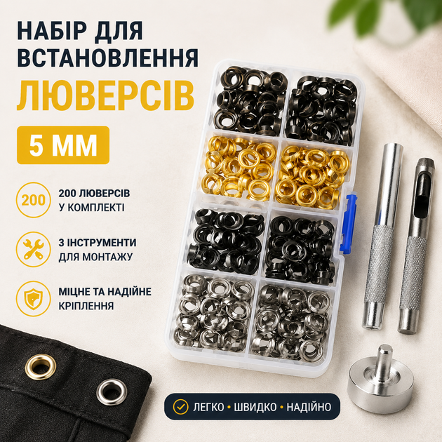 Набір для встановлення люверсів 5 мм 3 інструменти + 200 люверсів (6119) - Фото 4 Набір для встановлення люверсів 5 мм 3 інструменти + 200 люверсів (6119) - изображение 4