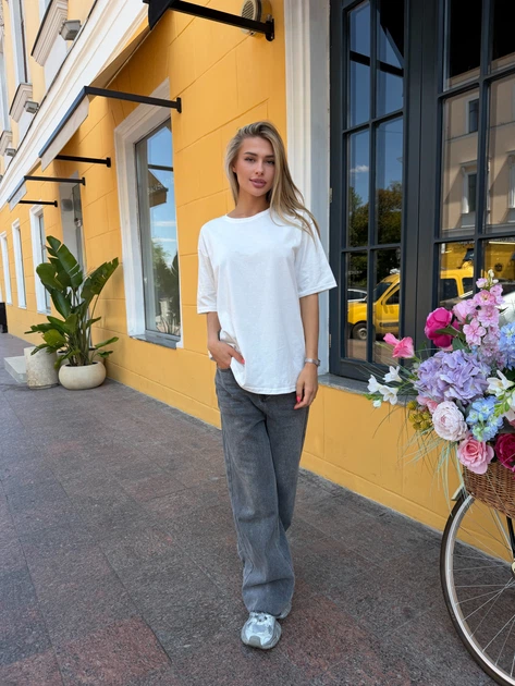 Жіноча бавовняна футболка оверсайз, Молочний One Size (42-48) Oversize - зображення 7