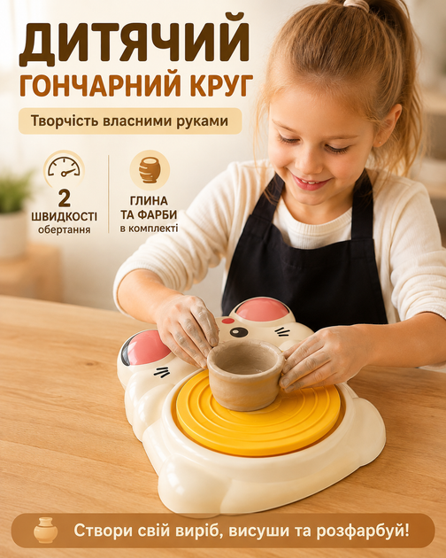 Дитячий гончарний круг UKC Котик для ліплення та творчості з глиною, фарбами та інструментами, бежевий - Фото 1 Дитячий гончарний круг UKC Котик для ліплення та творчості з глиною, фарбами та інструментами, бежевий - зображення 1