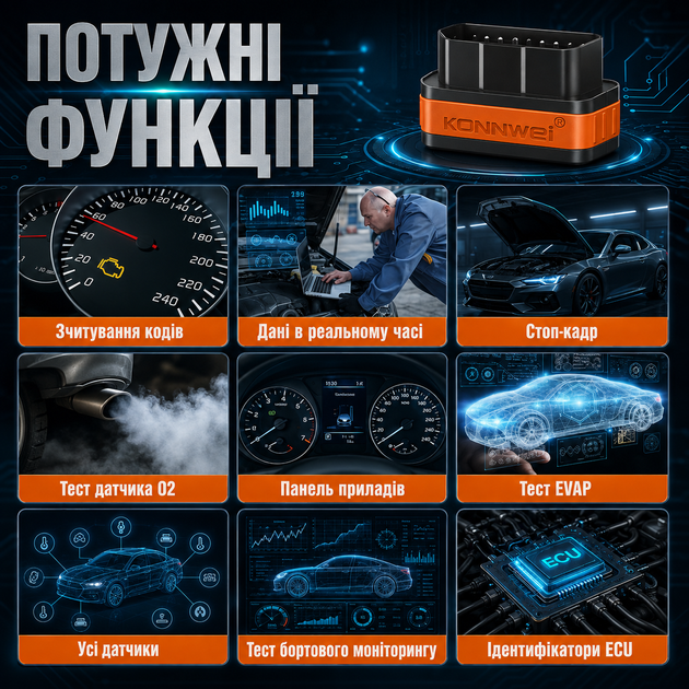 Автосканер OBD2 KONNWEI KW901 Bluetooth 5.0 — диагностический адаптер для авто чтение и сброс ошибок Android/iOS оранжевый - изображение 3