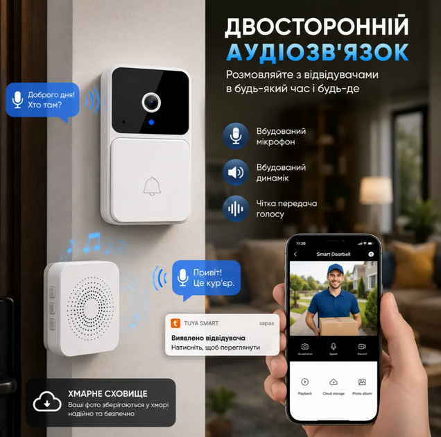 Бездротовий Wi-Fi відеодзвінок з камерою, нічне бачення, двосторонній аудіозв'язок, хмарне збереження, 32 мелодії - Фото 4 Бездротовий Wi-Fi відеодзвінок з камерою, нічне бачення, двосторонній аудіозв'язок, хмарне збереження, 32 мелодії - зображення 4