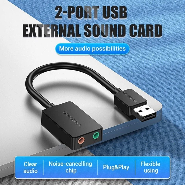 Звукова карта USB AUX jack, 2*TRRS (Mic + Ear) 1м Vention чорна (CDYBF) - изображение 2