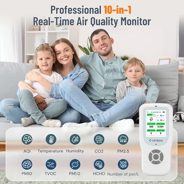 Монітор якості повітря CO2 LifeBasis 10-в-1, з підставкою, акумуляторний, багатофункціональний - зображення 2