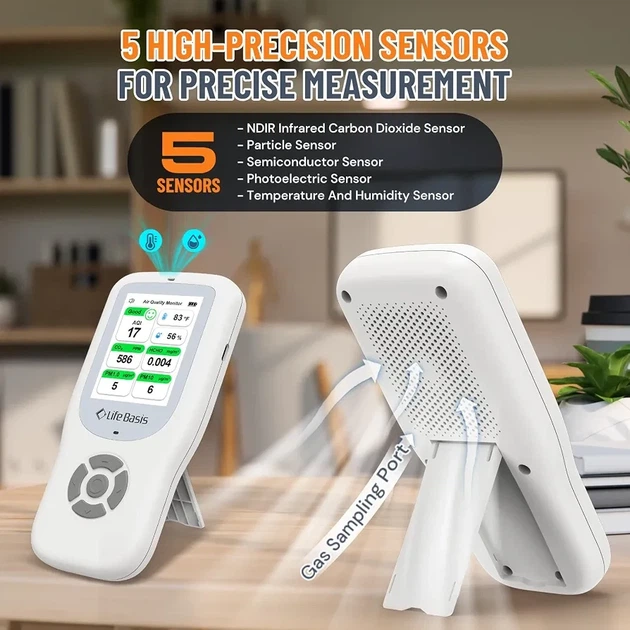 Монітор якості повітря CO2 LifeBasis 10-в-1, з підставкою, акумуляторний, багатофункціональний - зображення 4