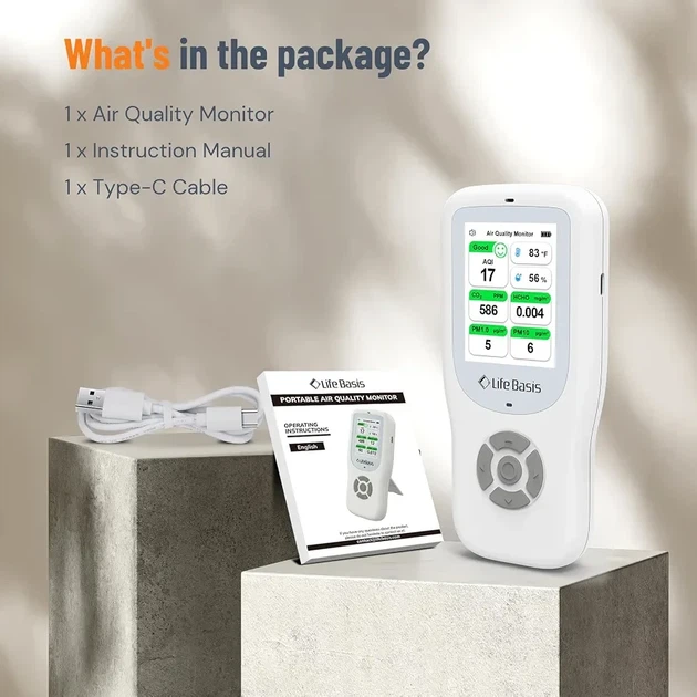 Монітор якості повітря CO2 LifeBasis 10-в-1, з підставкою, акумуляторний, багатофункціональний - зображення 6