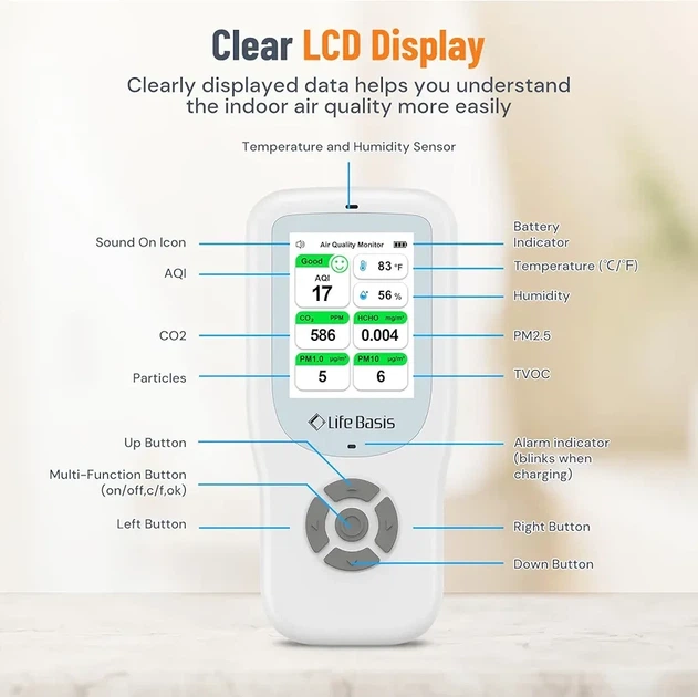Монітор якості повітря CO2 LifeBasis 10-в-1, з підставкою, акумуляторний, багатофункціональний - зображення 7