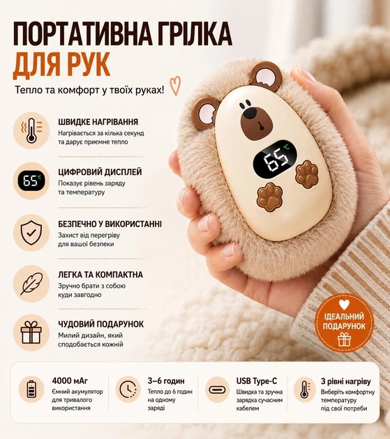 Портативна плюшева електрична грілка для рук, акумуляторна, 3 рівні нагрівання, USB Type-C - зображення 2