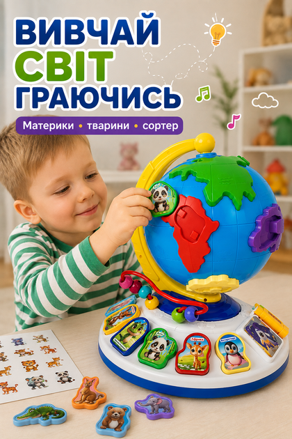 Дитячий інтерактивний Диво-глобус WToys 62609 з українським озвученням, казками, піснями, віршами, сортером та підсвічуванням - Фото 2 Дитячий інтерактивний Диво-глобус WToys 62609 з українським озвученням, казками, піснями, віршами, сортером та підсвічуванням - зображення 2