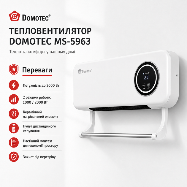Тепловентилятор настенный Domotec MS-5963 2000 Вт с дистанционным управлением, таймером и сушилкой, белый - изображение 2