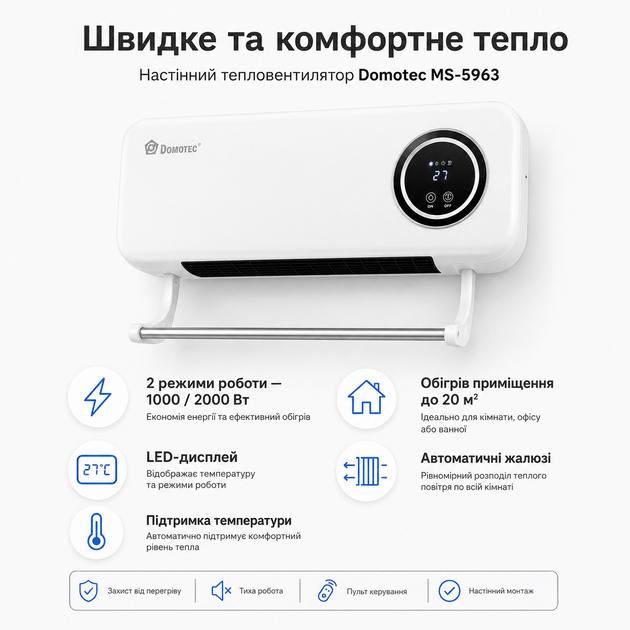 Тепловентилятор настенный Domotec MS-5963 2000 Вт с дистанционным управлением, таймером и сушилкой, белый - изображение 5