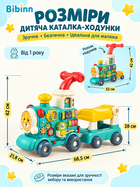 Детские ходунки-каталка 5 в 1 Bibiinn 6064 Baby Walker Train с пианино, толокаром, сортером, подсветкой и звуками поезда - изображение 2